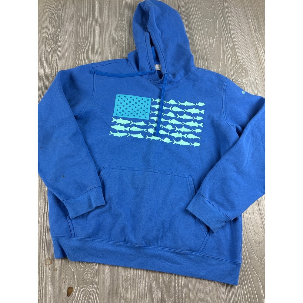 Columbia PFG Hoodie Mens Large Blue Fish Flag Graphic Pullover Sweatshirt L